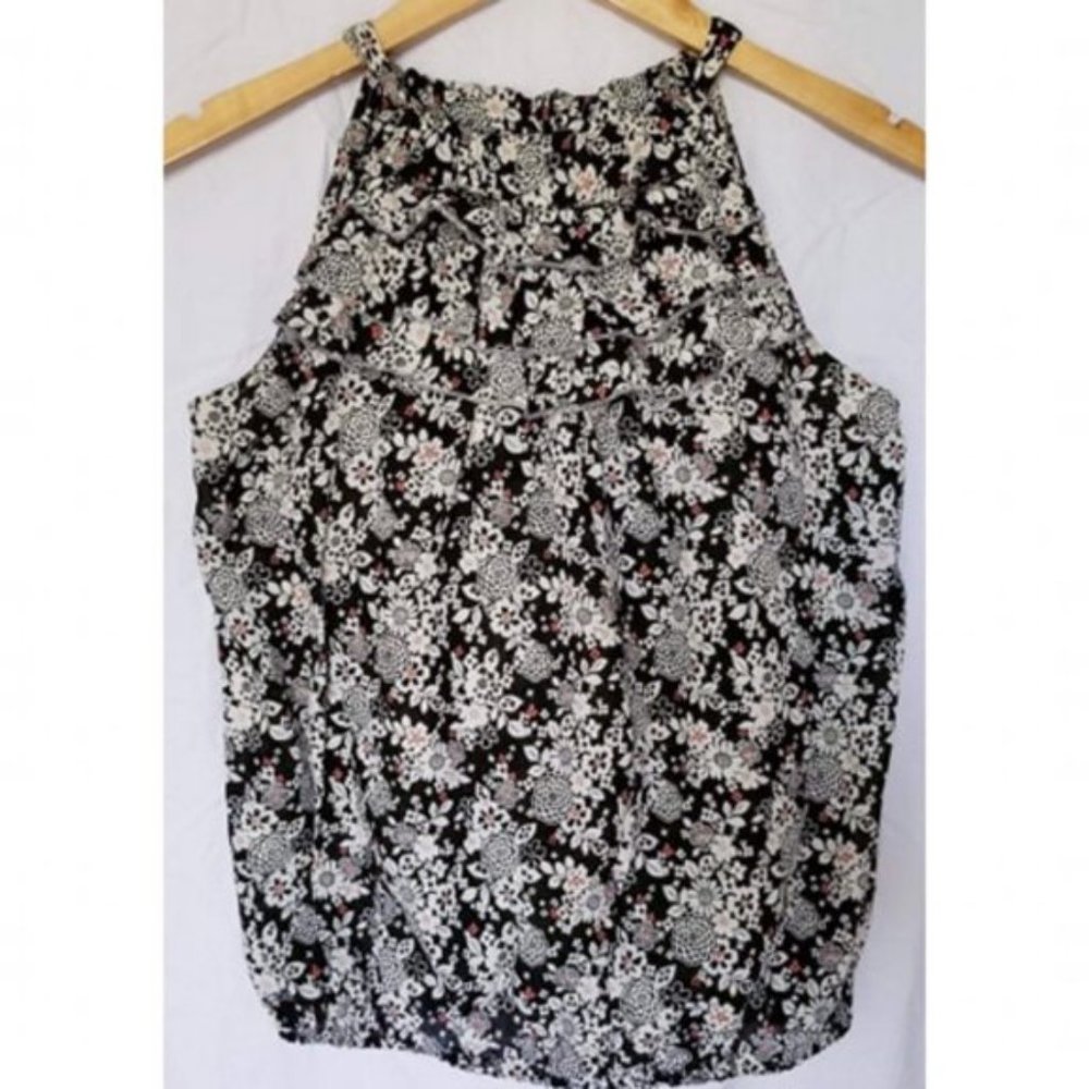 Anthropologie Sanctuary black floral ruffle front tie back top